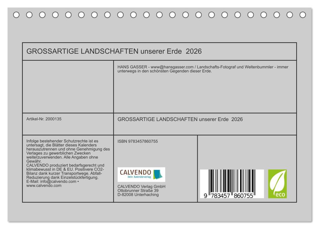 Weitere Ansicht: GROSSARTIGE LANDSCHAFTEN unserer Erde 2026 (Tischkalender 2026 DIN A5 quer), CALVENDO Monatskalender | Calvendo, Hans Gasser - www.hansgasser.com