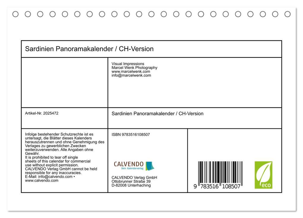 Weitere Ansicht: Sardinien Panoramakalender / CH-Version (Tischkalender 2026 DIN A5 quer), CALVENDO Monatskalender | Marcel Wenk, Calvendo