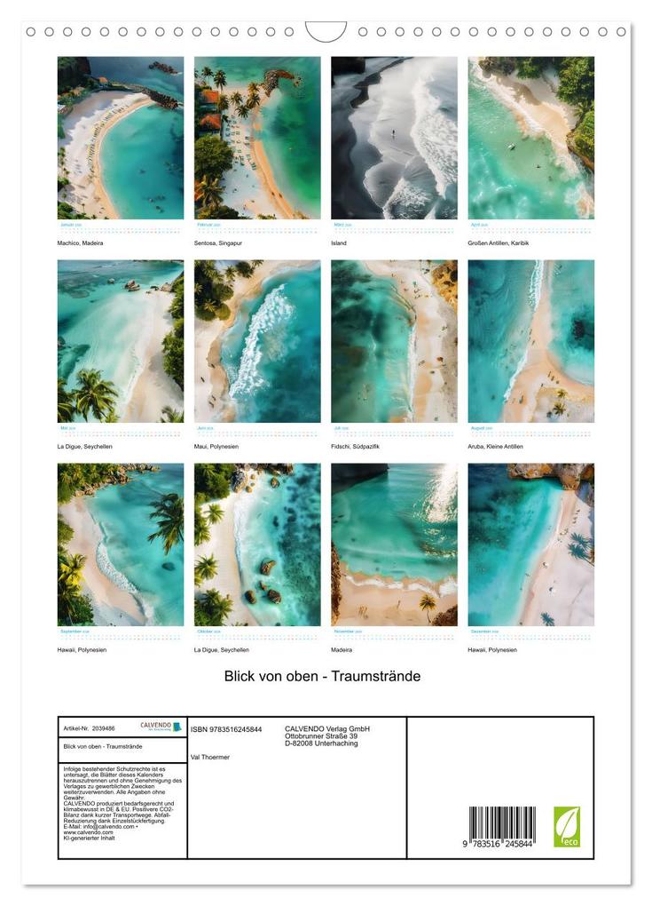 Weitere Ansicht: Blick von oben - Traumstrände (Wandkalender 2026 DIN A3 hoch), CALVENDO Monatskalender | Val Thoermer, Calvendo
