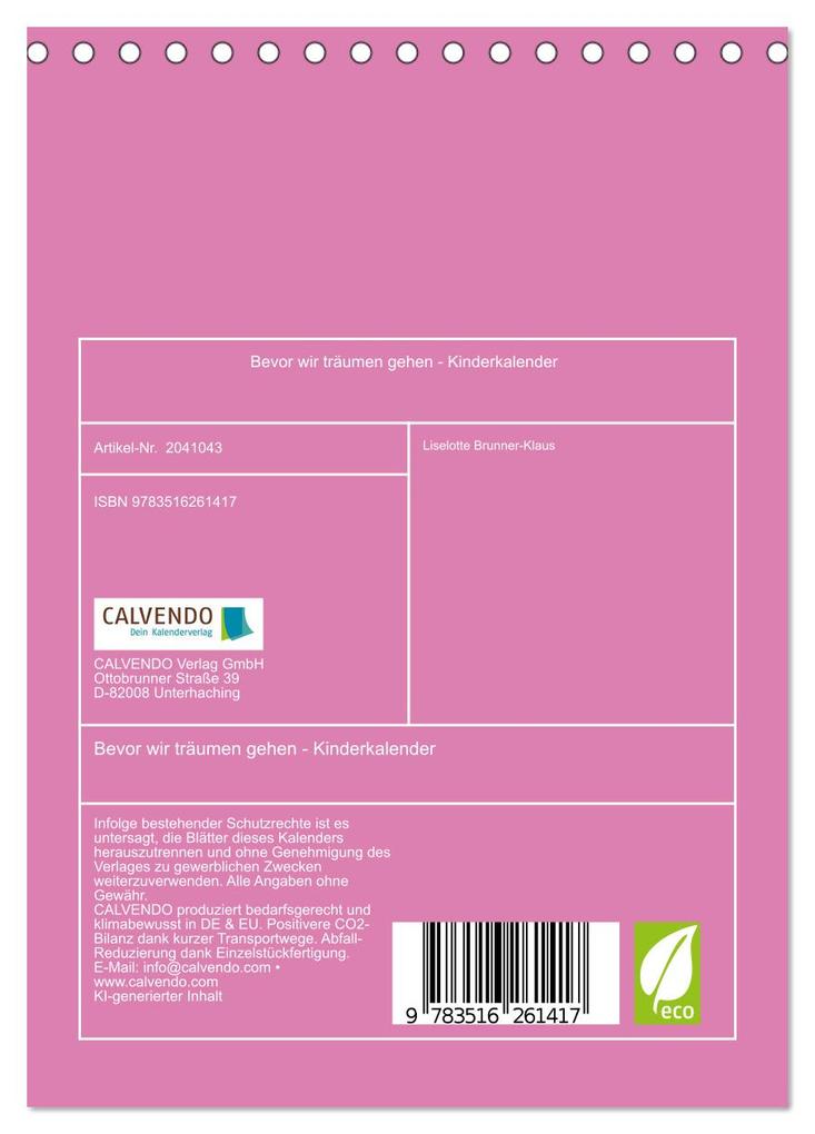 Weitere Ansicht: Bevor wir träumen gehen - Kinderkalender (Tischkalender 2026 DIN A5 hoch), CALVENDO Monatskalender | Liselotte Brunner-Klaus, Calvendo