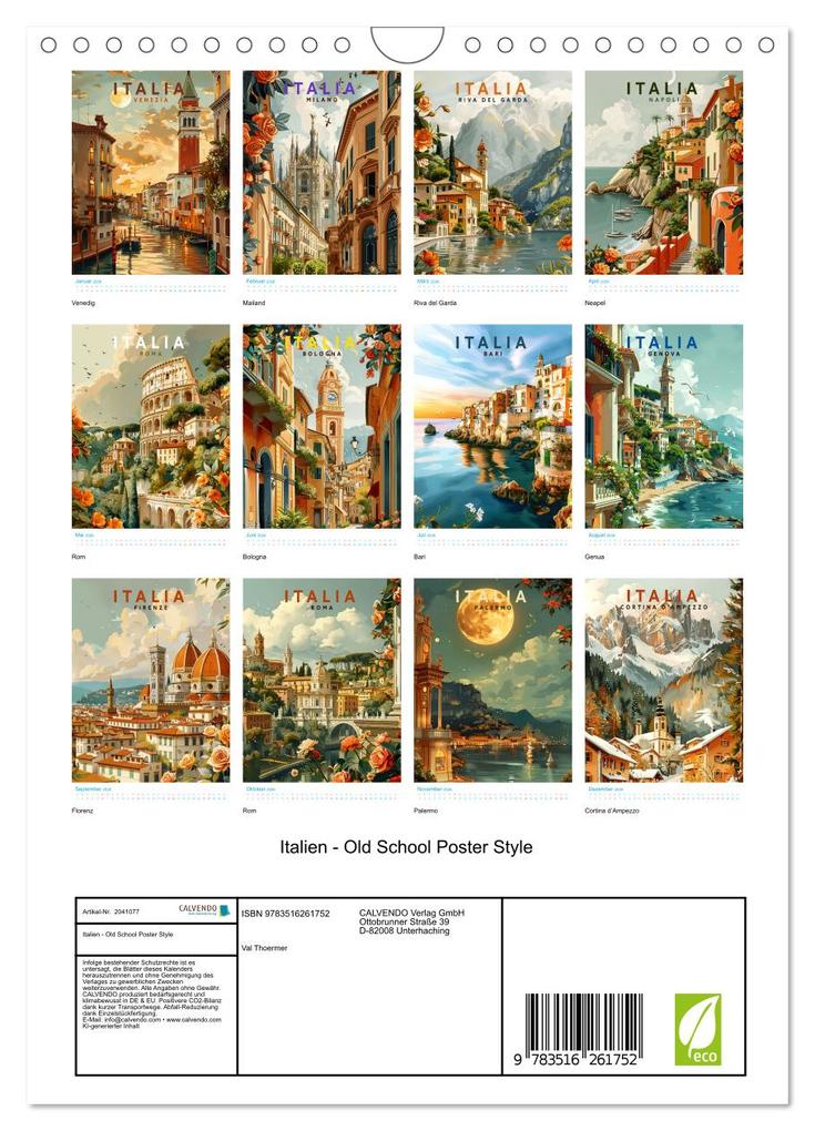 Weitere Ansicht: Italien - Old School Poster Style (Wandkalender 2026 DIN A4 hoch), CALVENDO Monatskalender | Val Thoermer, Calvendo