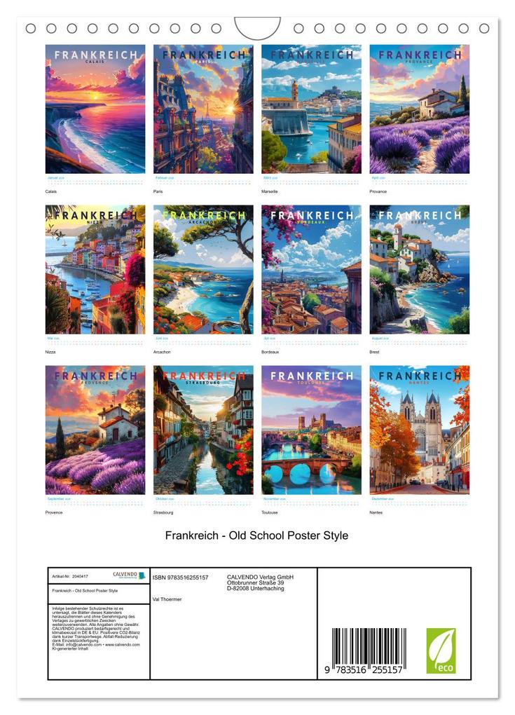 Weitere Ansicht: Frankreich - Old School Poster Style (Wandkalender 2026 DIN A4 hoch), CALVENDO Monatskalender | Val Thoermer, Calvendo