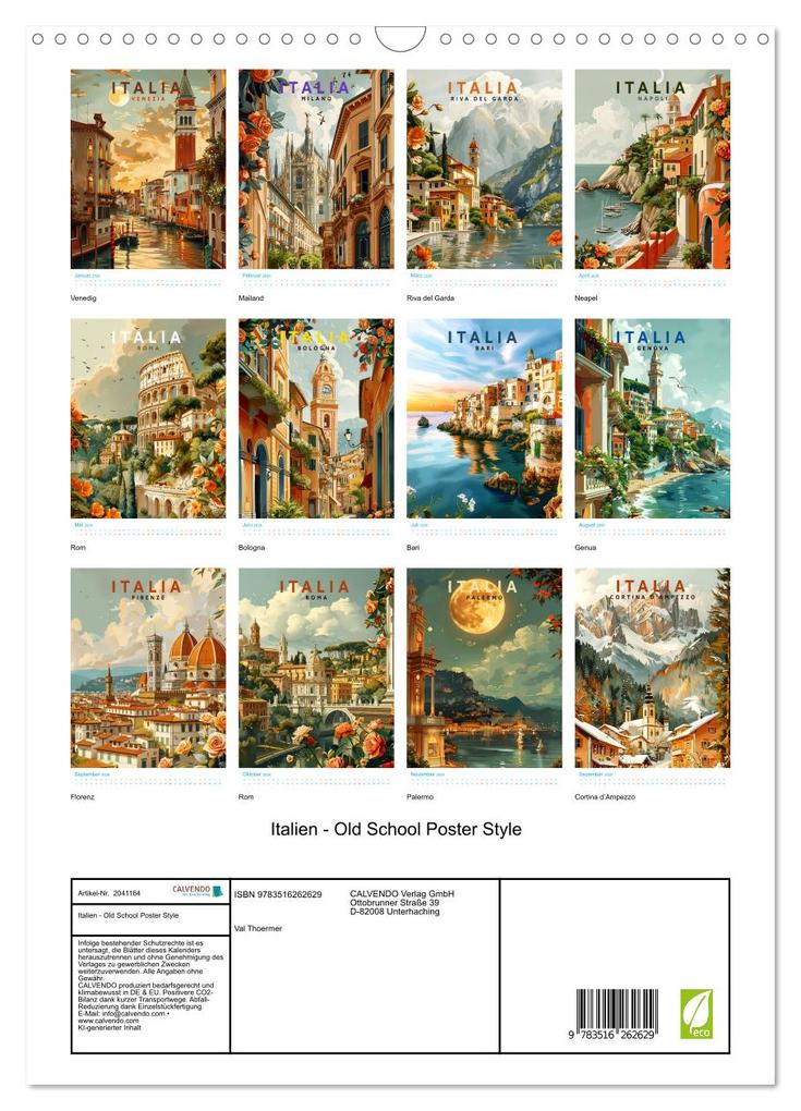 Weitere Ansicht: Italien - Old School Poster Style (Wandkalender 2026 DIN A3 hoch), CALVENDO Monatskalender | Val Thoermer, Calvendo