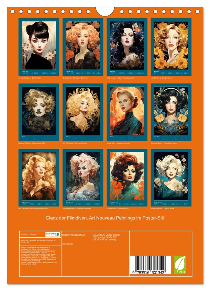 Weitere Ansicht: Glanz der Filmdiven. Art Nouveau Paintings im Poster-Stil (Wandkalender 2026 DIN A4 hoch), CALVENDO Monatskalender | Rose Hurley, Calvendo