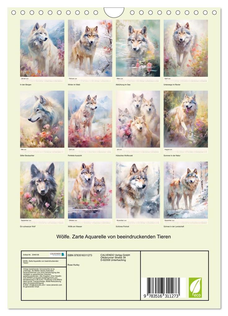 Weitere Ansicht: Wölfe. Zarte Aquarelle von beeindruckenden Tieren (Wandkalender 2026 DIN A4 hoch), CALVENDO Monatskalender | Calvendo, Rose Hurley