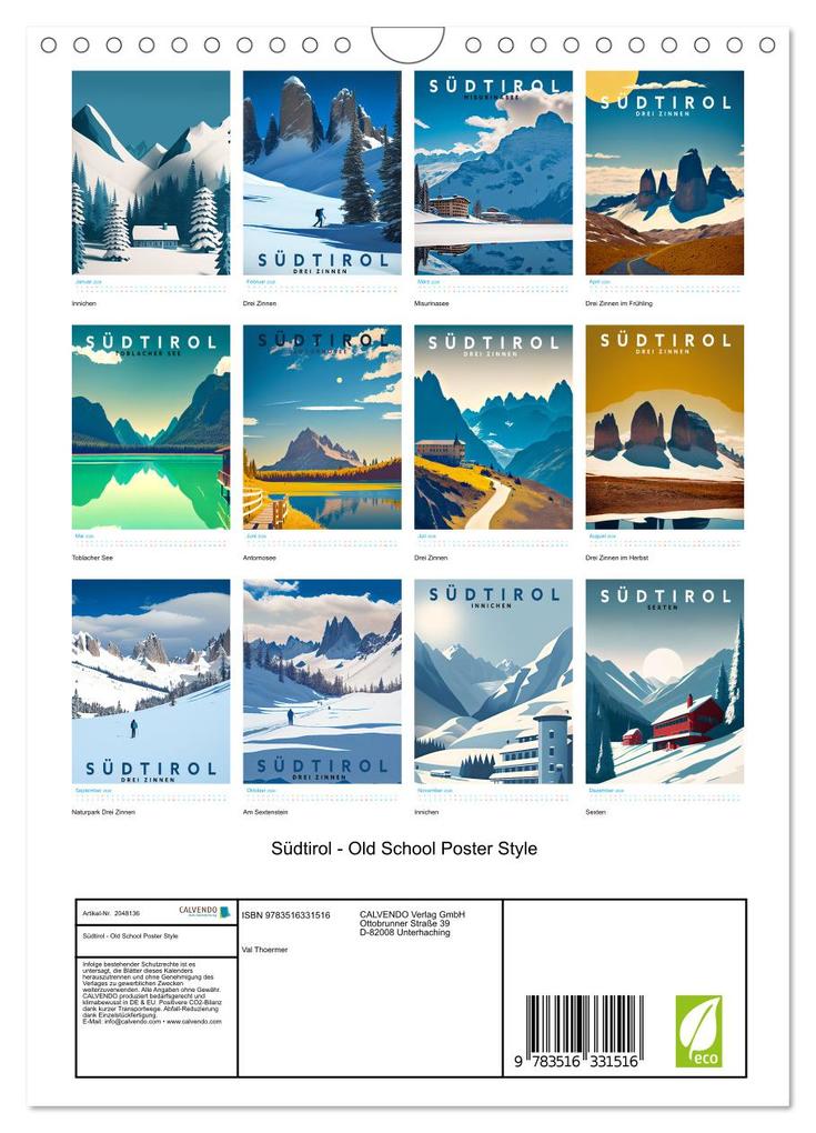 Weitere Ansicht: Südtirol - Old School Poster Style (Wandkalender 2026 DIN A4 hoch), CALVENDO Monatskalender | Val Thoermer, Calvendo