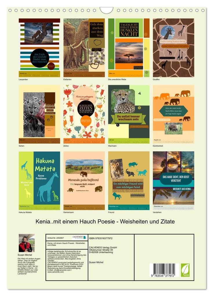 Weitere Ansicht: Kenia..mit einem Hauch Poesie - Weisheiten und Zitate (Wandkalender 2026 DIN A3 hoch), CALVENDO Monatskalender | Susan Michel, Calvendo