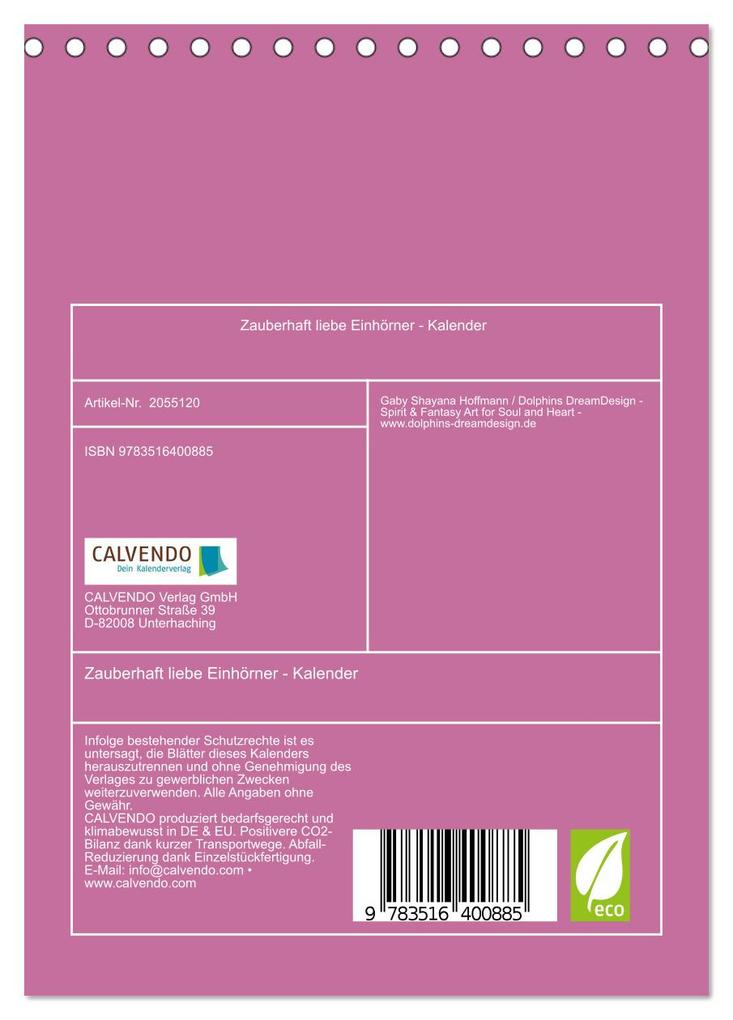 Weitere Ansicht: Zauberhaft liebe Einhörner - Kalender (Tischkalender 2026 DIN A5 hoch), CALVENDO Monatskalender | Calvendo, Gaby Shayana Hoffmann