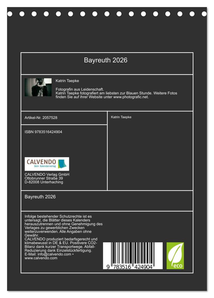 Weitere Ansicht: Bayreuth 2026 (Tischkalender 2026 DIN A5 hoch), CALVENDO Monatskalender | Katrin Taepke, Calvendo
