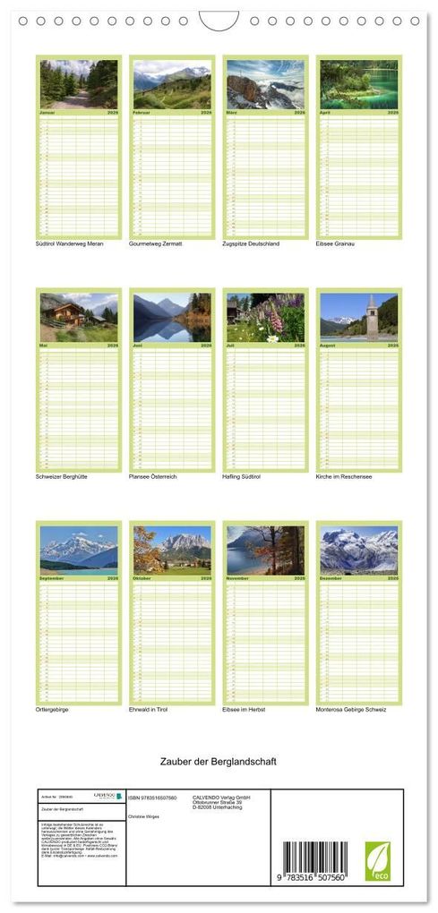 Weitere Ansicht: Familienplaner 2026 - Zauber der Berglandschaft mit 5 Spalten (Wandkalender, 21 x 45 cm) CALVENDO | Christine Wirges, Calvendo