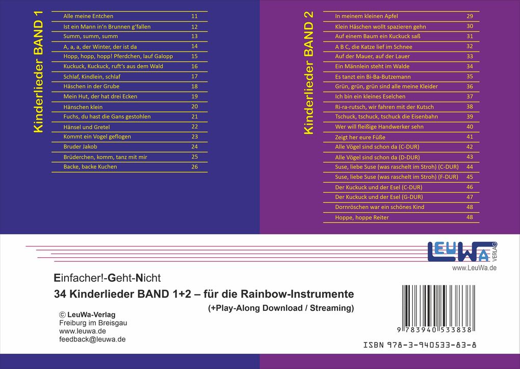 Weitere Ansicht: Einfacher!-Geht-Nicht: 34 Kinderlieder BAND 1+2 für die RAINBOW Instrumente (+Play-Along-Streaming) | LeuWa | Martin Leuchtner, Bruno Waizmann