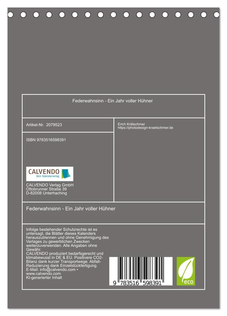 Weitere Ansicht: Federwahnsinn - Ein Jahr voller Hühner (Tischkalender 2026 DIN A5 hoch), CALVENDO Monatskalender | Erich Krätschmer, Calvendo