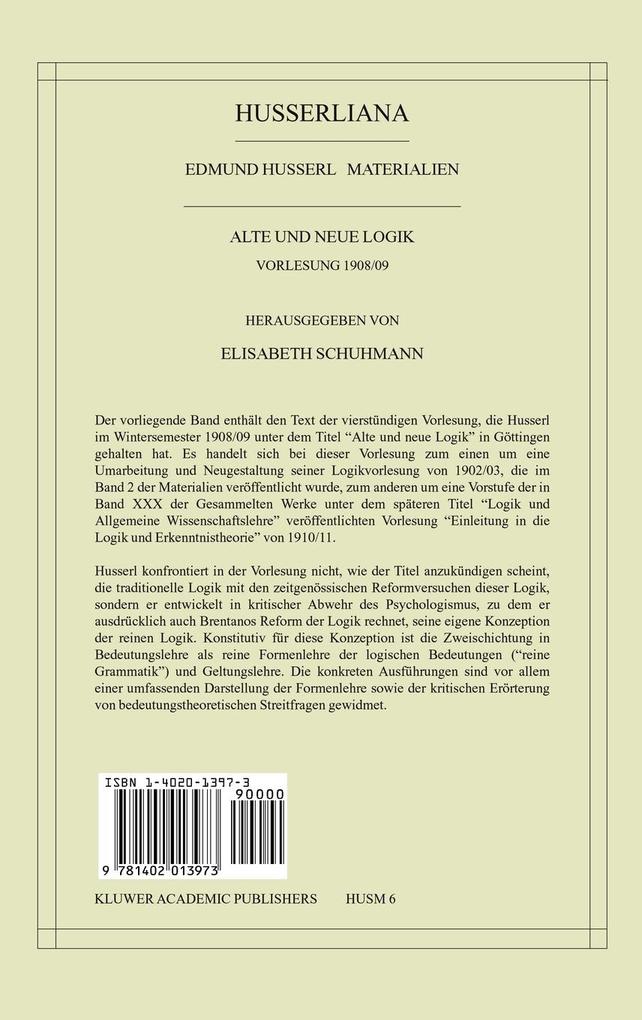 Weitere Ansicht: Alte und Neue Logik | Edmund Husserl