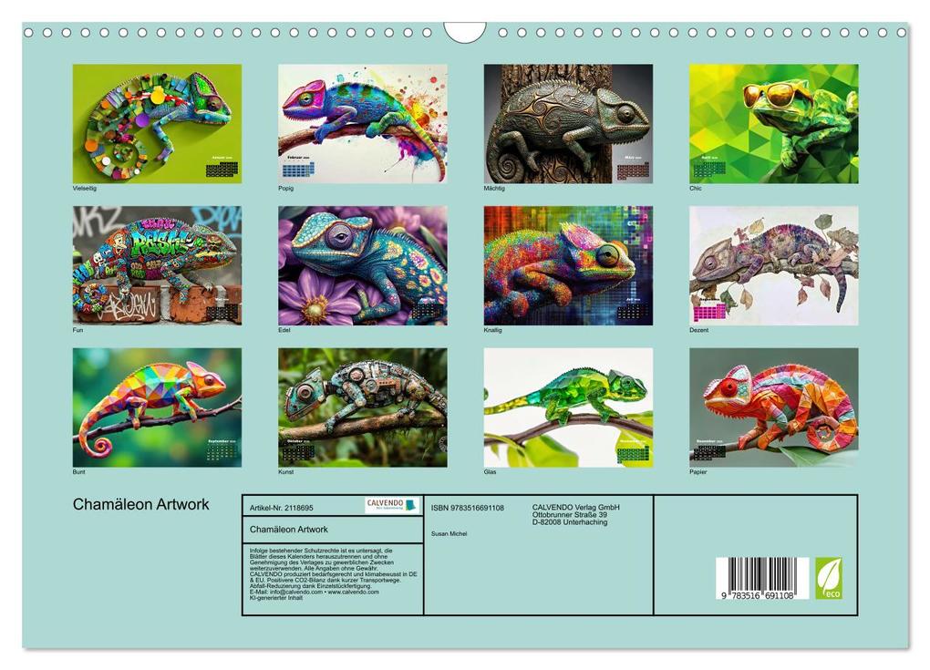 Weitere Ansicht: Chamäleon Artwork (Wandkalender 2026 DIN A3 quer), CALVENDO Monatskalender | Susan Michel, Calvendo