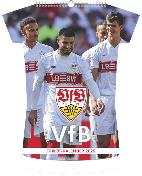 Produktbild: VfB Stuttgart 2026 - Trikotkalender 34x42 cm mit 12 Monatsblättern, 2-sprachigem Kalendarium & Spiralbindung, origineller Fußball-Wandkalender in Trikotform für Fans | Neumann Verlage GmbH & Co. KG