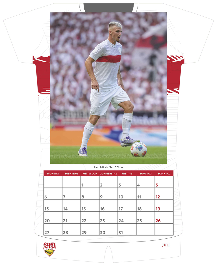 Weitere Ansicht: VfB Stuttgart 2026 - Trikotkalender 34x42 cm mit 12 Monatsblättern, 2-sprachigem Kalendarium & Spiralbindung, origineller Fußball-Wandkalender in Trikotform für Fans | Neumann Verlage GmbH & Co. KG