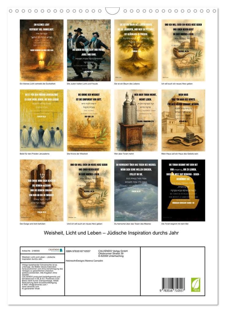 Weitere Ansicht: Weisheit, Licht und Leben - Jüdische Inspiration durchs Jahr (Wandkalender 2026 DIN A3 hoch), CALVENDO Monatskalender | HebrewArtDesigns Marena Camadini, Calvendo