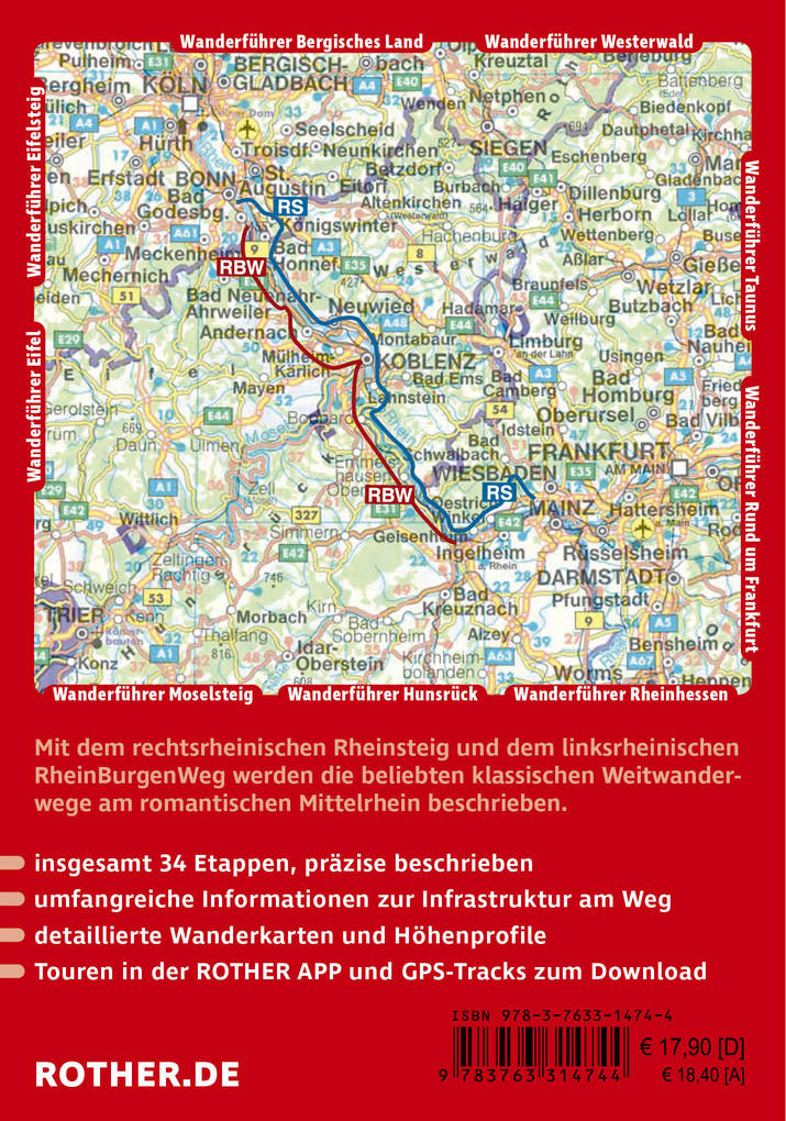Weitere Ansicht: ROTHER Wanderführer Rheinsteig - RheinBurgenWeg. 34 Etappen auf den Weitwanderwegen rechts und links des romantischen Mittelrheins | Jürgen Plogmann