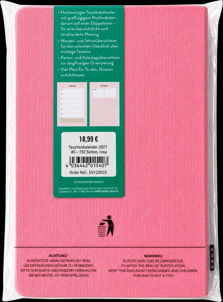 Weitere Ansicht: Taschenkalender A5 2027: Blütenmotiv, bestickt, rosa