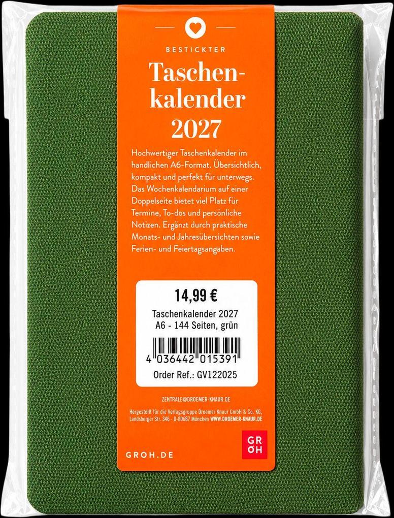 Weitere Ansicht: Taschenkalender A6 2027: Blütenmotiv, bestickt, grün