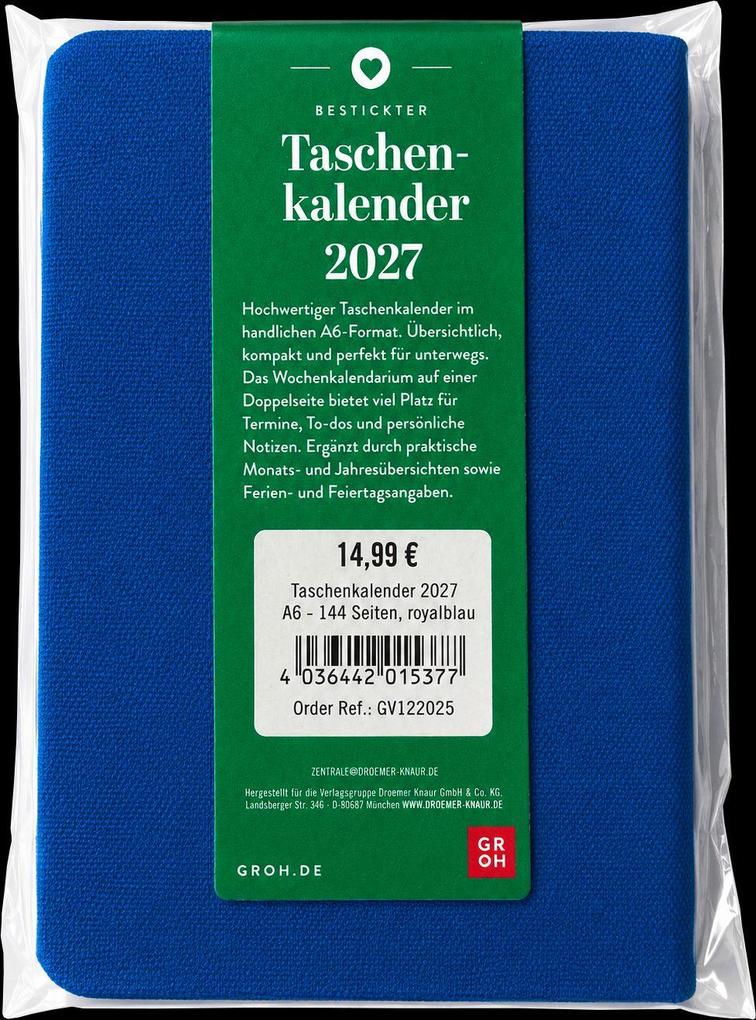 Weitere Ansicht: Taschenkalender A6 2027: Vogel und Blüten, bestickt, blau