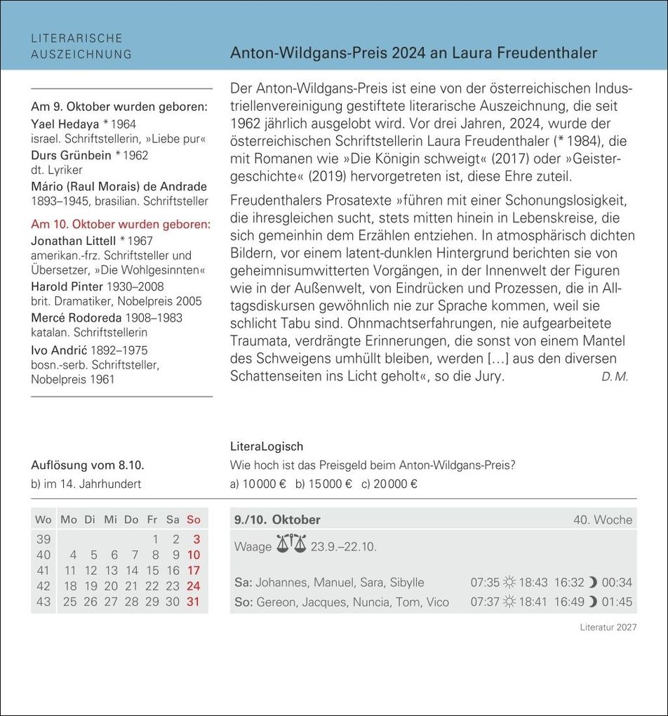 Weitere Ansicht: Literatur Tagesabreißkalender 2027 - Kulturkalender - Autoren, Werke, Hörbücher | Brigitte Lotz, Dirk Michel