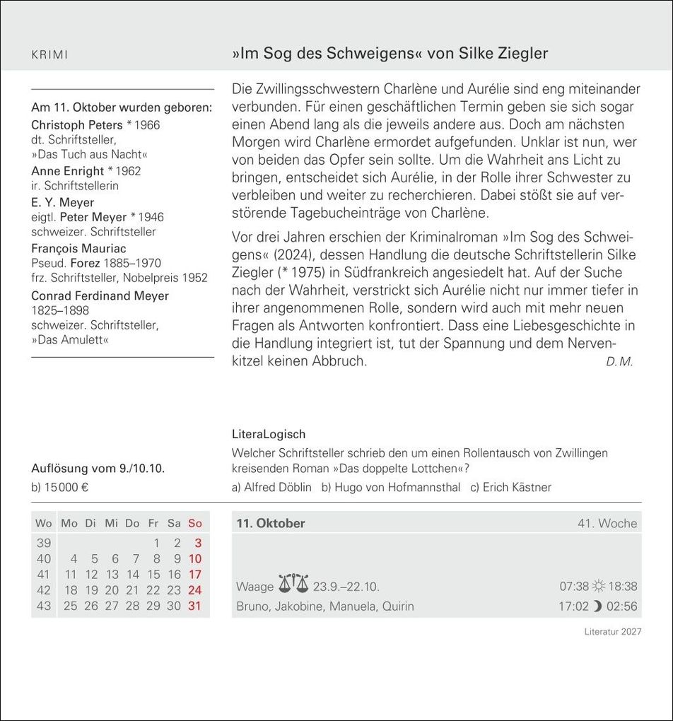 Weitere Ansicht: Literatur Tagesabreißkalender 2027 - Kulturkalender - Autoren, Werke, Hörbücher | Brigitte Lotz, Dirk Michel