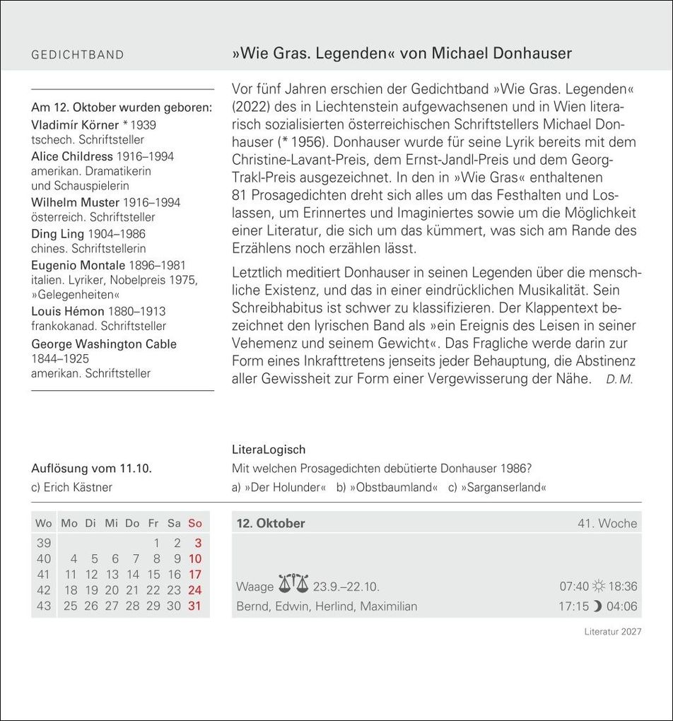 Weitere Ansicht: Literatur Tagesabreißkalender 2027 - Kulturkalender - Autoren, Werke, Hörbücher | Brigitte Lotz, Dirk Michel