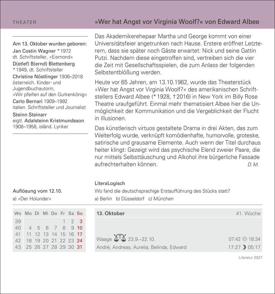 Weitere Ansicht: Literatur Tagesabreißkalender 2027 - Kulturkalender - Autoren, Werke, Hörbücher | Brigitte Lotz, Dirk Michel