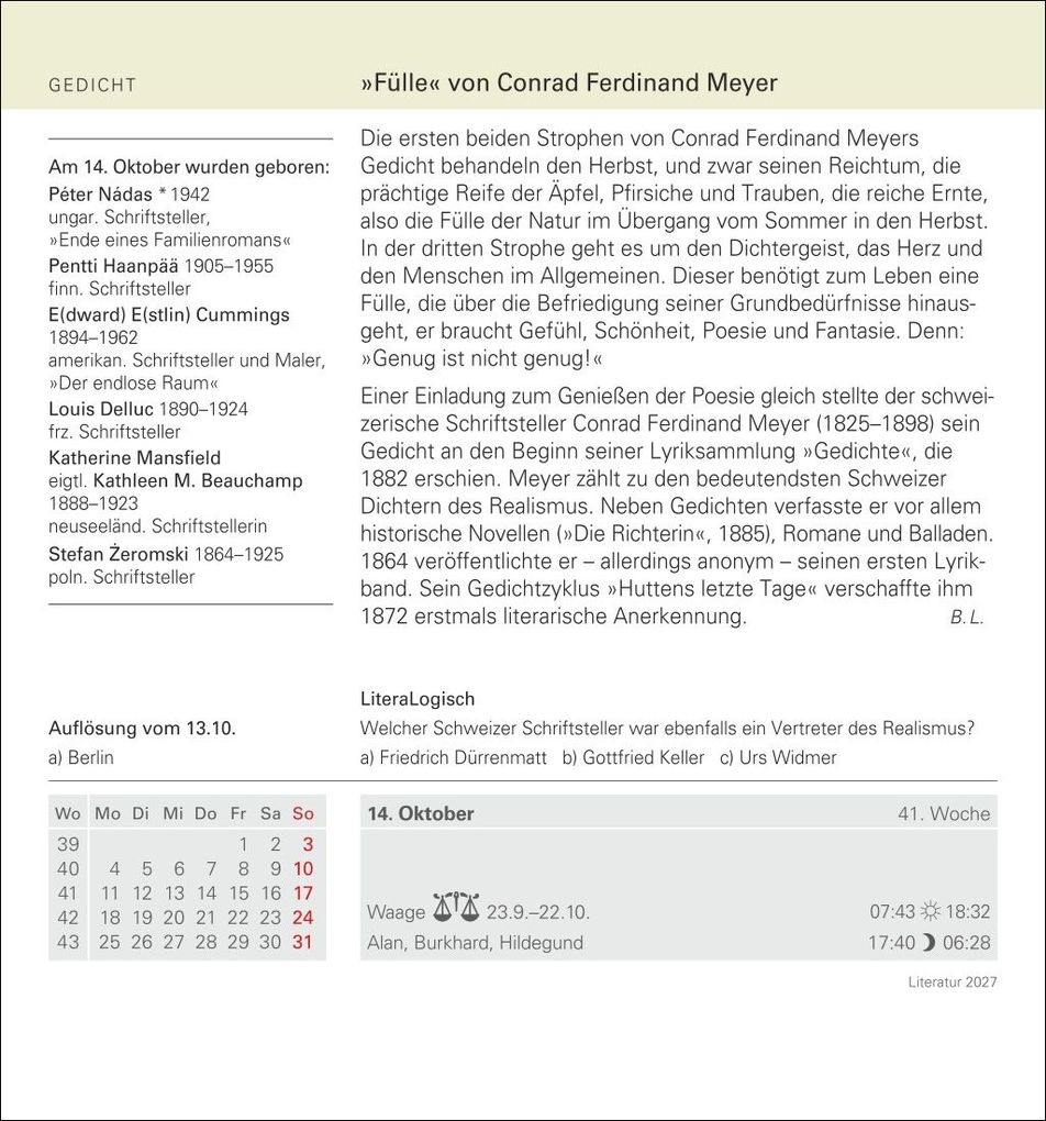 Weitere Ansicht: Literatur Tagesabreißkalender 2027 - Kulturkalender - Autoren, Werke, Hörbücher | Brigitte Lotz, Dirk Michel