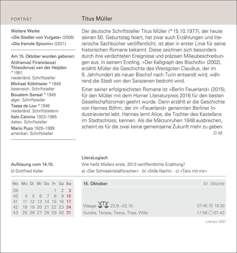 Weitere Ansicht: Literatur Tagesabreißkalender 2027 - Kulturkalender - Autoren, Werke, Hörbücher | Brigitte Lotz, Dirk Michel
