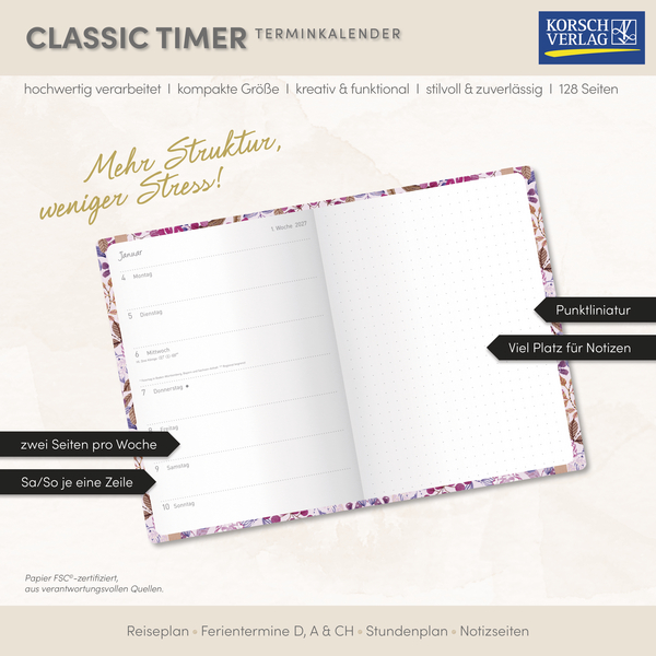 Weitere Ansicht: Terminkalender Classic Timer Pink Flowers 2027