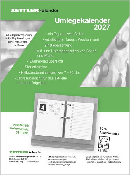 Produktbild: Umlegkalender 1T/2S 8x10,8 2027