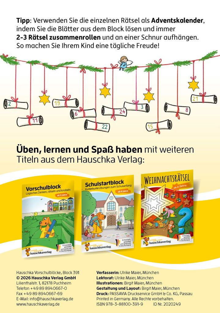 Weitere Ansicht: Weihnachtsrätsel - Kunterbunter Vorschulblock ab 5 Jahre | Ulrike Maier