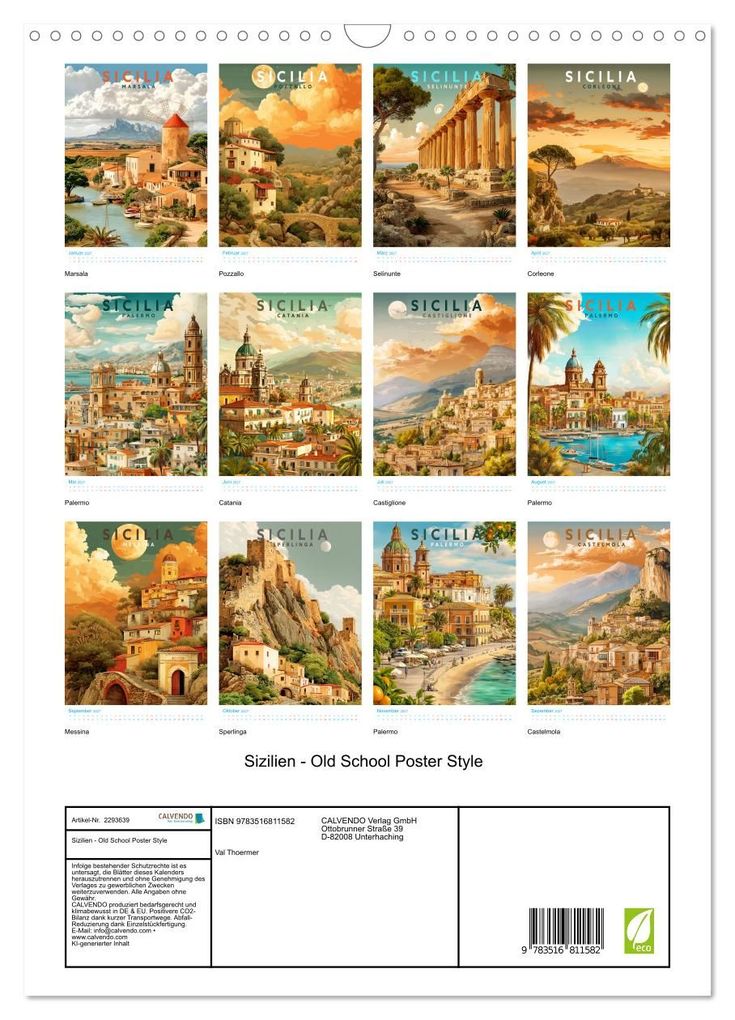Weitere Ansicht: Sizilien - Old School Poster Style (Wandkalender 2027 DIN A3 hoch), CALVENDO Monatskalender | Val Thoermer, Calvendo