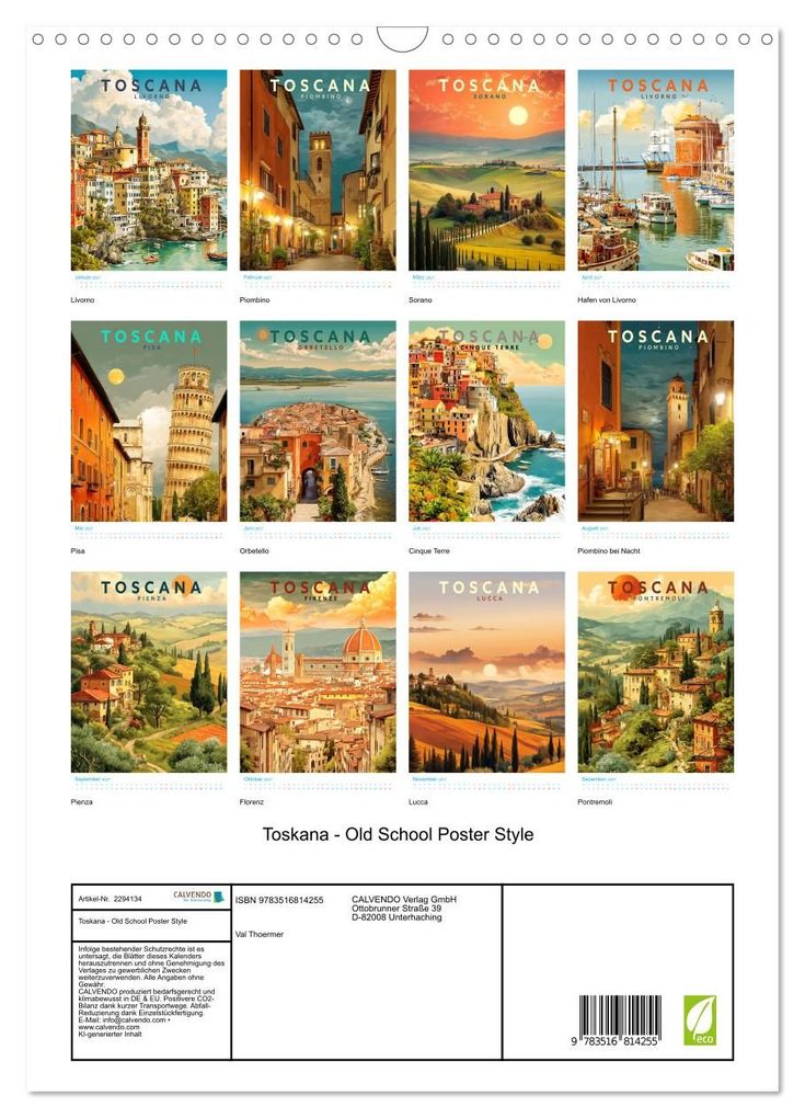 Weitere Ansicht: Toskana - Old School Poster Style (Wandkalender 2027 DIN A3 hoch), CALVENDO Monatskalender | Calvendo, Val Thoermer