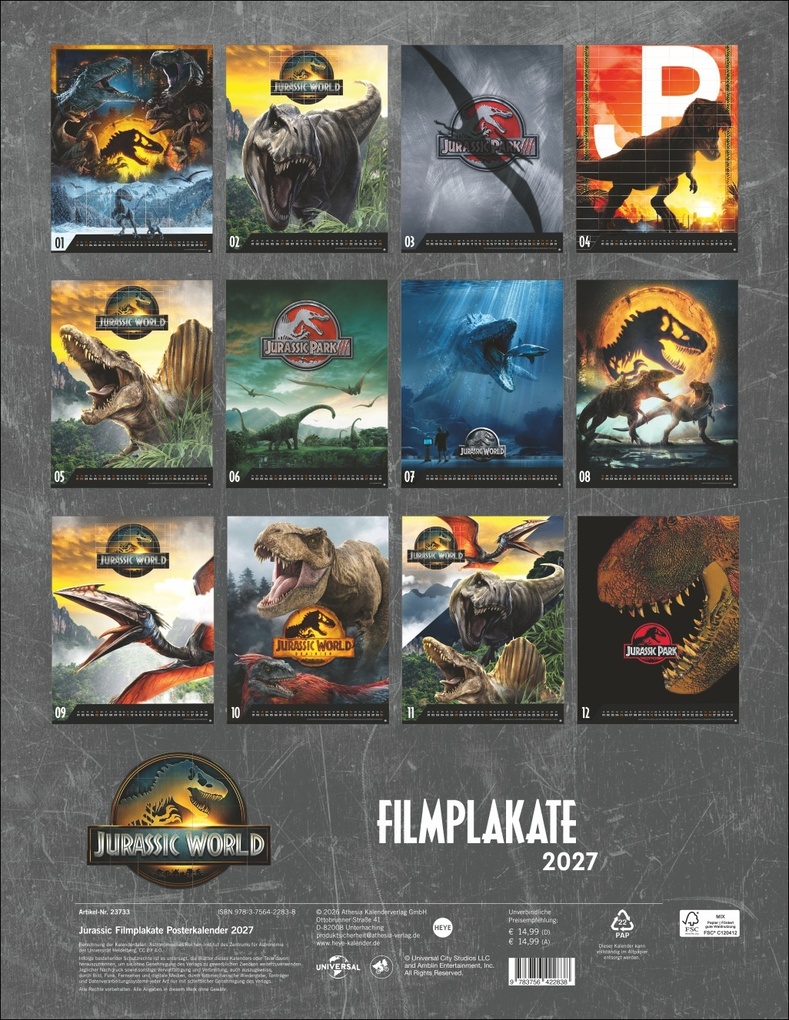 Weitere Ansicht: Jurassic Filmplakate Posterkalender 2027