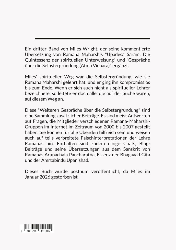 Weitere Ansicht: Weitere Gespräche über die Selbstergründung (Atma Vichara) | Miles Wright