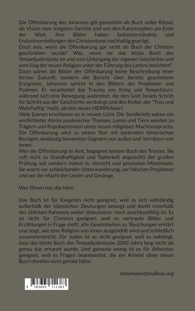 Weitere Ansicht: Die Offenbarung des Johannes. Wer Ohren hat, der höre. | Alfred Leinemann