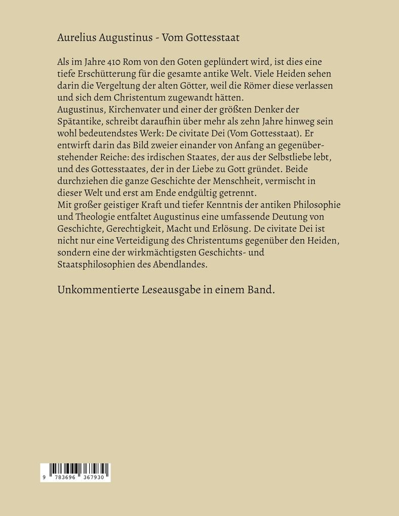 Weitere Ansicht: Vom Gottesstaat (De civitate Dei) Vollständige Ausgabe | Aurelius Augustinus