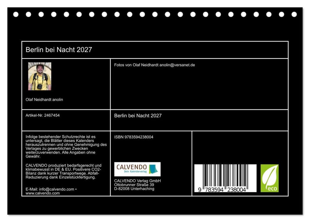 Weitere Ansicht: Berlin bei Nacht 2027 (Tischkalender 2027 DIN A5 quer), CALVENDO Monatskalender | Olaf Neidhardt anolin, Calvendo