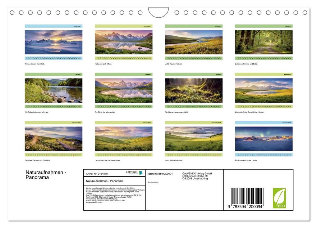 Weitere Ansicht: Naturaufnahmen - Panorama (Wandkalender 2027 DIN A4 quer), CALVENDO Monatskalender | Torsten Irmer, Calvendo