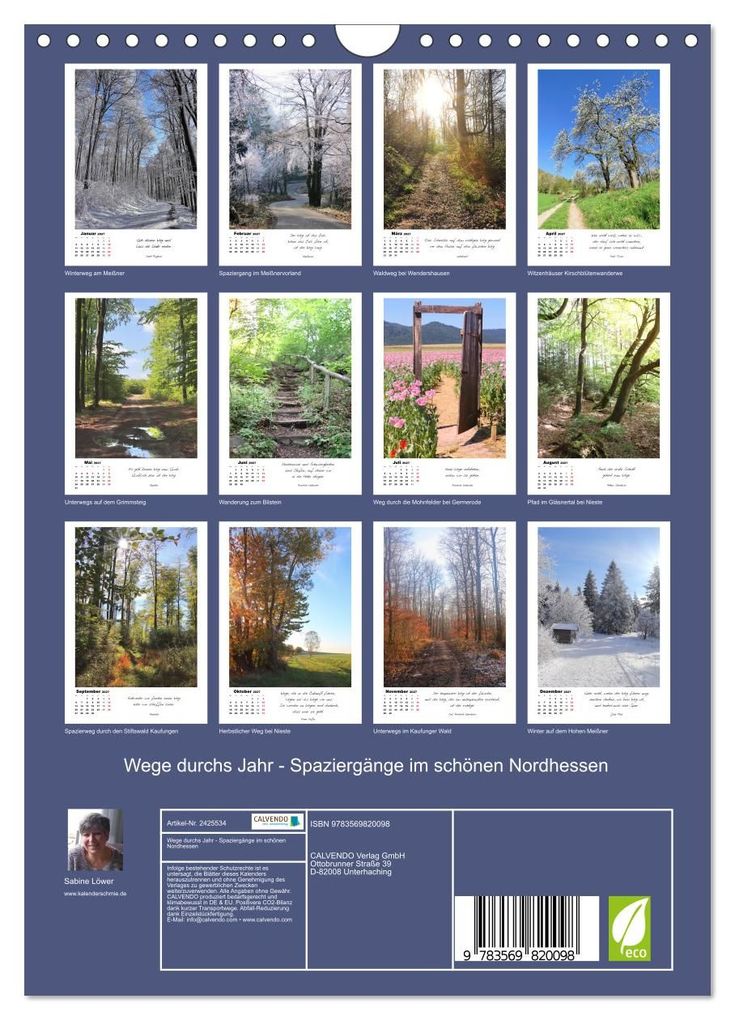Weitere Ansicht: Wege durchs Jahr - Spaziergänge im schönen Nordhessen (Wandkalender 2027 DIN A4 hoch), CALVENDO Monatskalender | Sabine Löwer, Calvendo