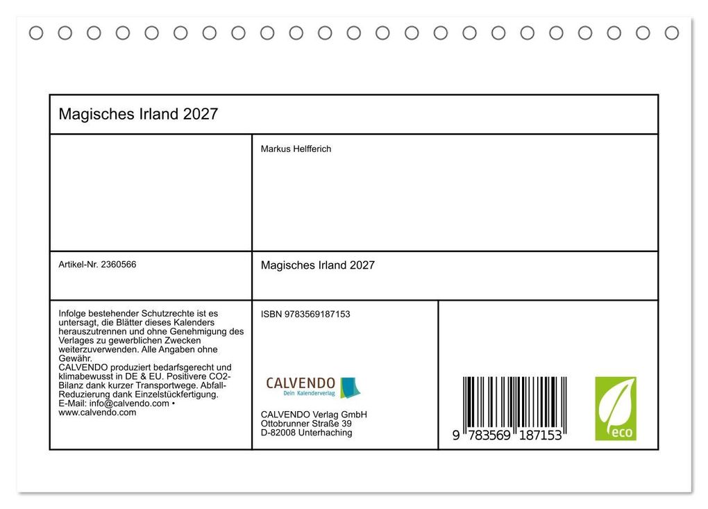 Weitere Ansicht: Magisches Irland 2027 (Tischkalender 2027 DIN A5 quer), CALVENDO Monatskalender | Markus Helfferich, Calvendo