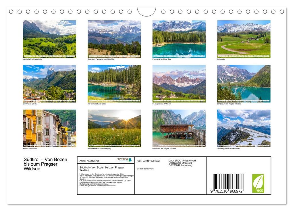 Weitere Ansicht: Südtirol - Von Bozen bis zum Pragser Wildsee (Wandkalender 2027 DIN A4 quer), CALVENDO Monatskalender | Elisabeth Schittenhelm, Calvendo