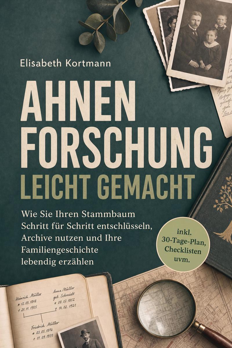 Produktbild: Ahnenforschung leicht gemacht: Wie Sie Ihren Stammbaum Schritt für Schritt entschlüsseln, Archive nutzen und Ihre Familiengeschichte lebendig erzählen - inkl. 30-Tage-Plan, Checklisten uvm. | Elisabeth Kortmann