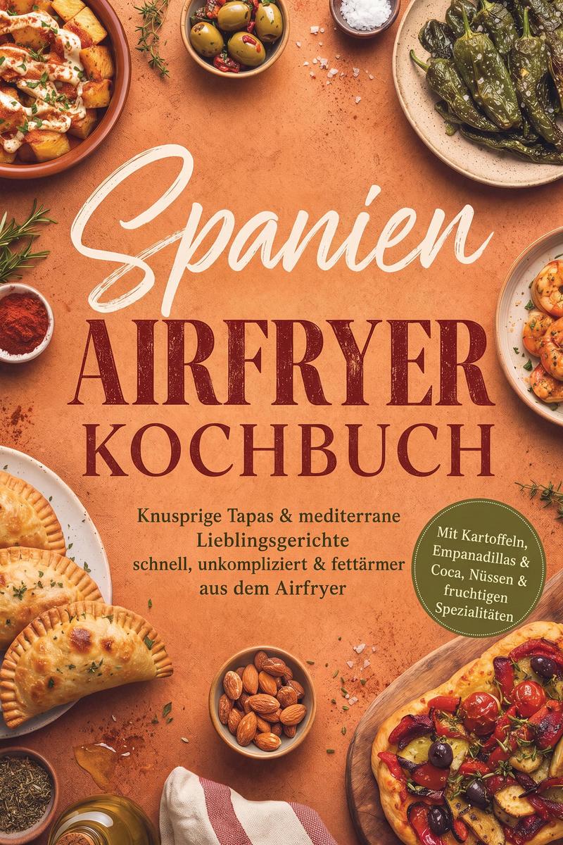 Produktbild: Spanien Airfryer Kochbuch: Knusprige Tapas & mediterrane Lieblingsgerichte - schnell, unkompliziert & fettärmer aus dem Airfryer. Mit Kartoffeln, Empanadillas & Coca, Nüssen & fruchtigen Spezialitäten | Sophie Delgado