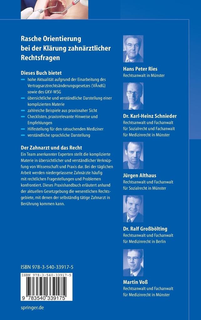 Weitere Ansicht: Zahnarztrecht | Hans-Peter Ries, Karl-Heinz Schnieder, Jürgen Althaus, Ralf Großbölting, Martin Voß