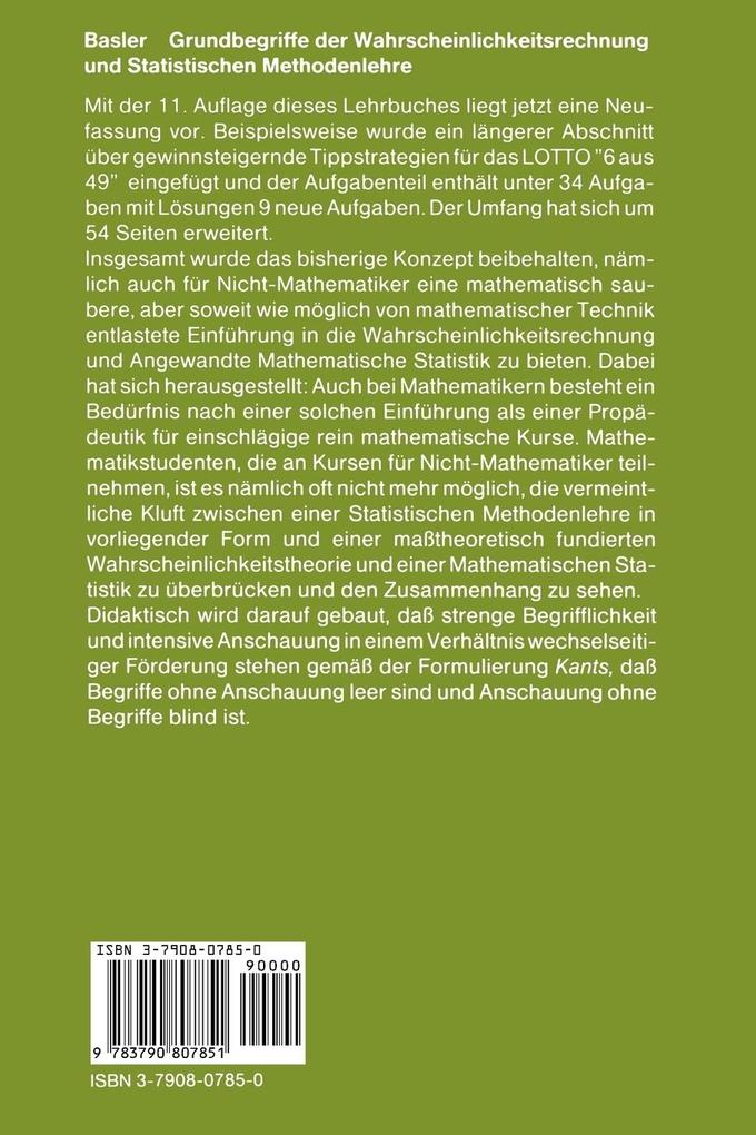 Weitere Ansicht: Grundbegriffe der Wahrscheinlichkeitsrechnung und Statistischen Methodenlehre | Herbert Basler