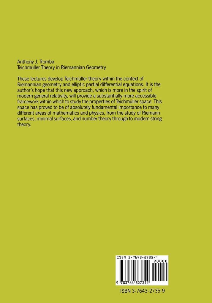 Weitere Ansicht: Teichmüller Theory in Riemannian Geometry | Anthony J. Tromba